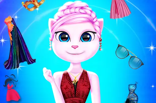 Imagem do jogo Angela Trendy Fashionista mostrando Angela com cabelo rosa e vestido elegante, cercada por roupas, acessórios e itens de moda, prontos para diferentes eventos.